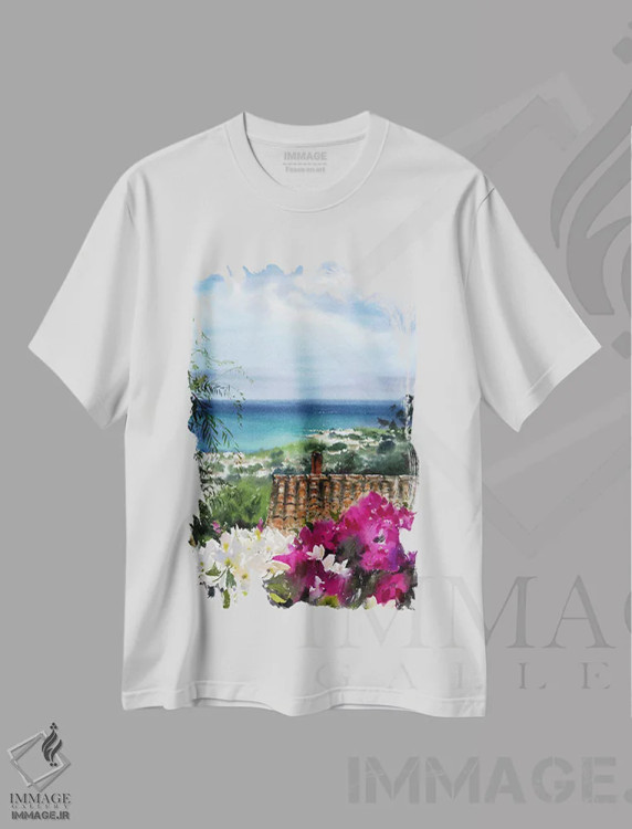 تیشرت سفید طرح دار دهکده یونانی III، هنر فاخر معاصر اثر هوم لایک آرت | فروشگاه ایماژ