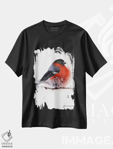 تیشرت مشکی طرح دار پرنده سهره سرخی، هنر فاخر معاصر اثر هوم لایک آرت | فروشگاه ایماژ