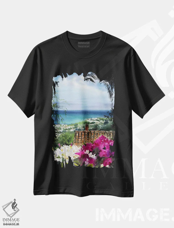 تیشرت مشکی طرح دار دهکده یونانی III، هنر فاخر معاصر اثر هوم لایک آرت | immage.ir