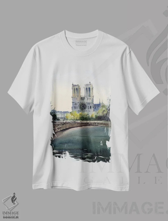 تیشرت سفید طرح دار کلیسای نوتردام پاریس، هنر فاخر معاصر اثر هوم لایک آرت | immage.ir