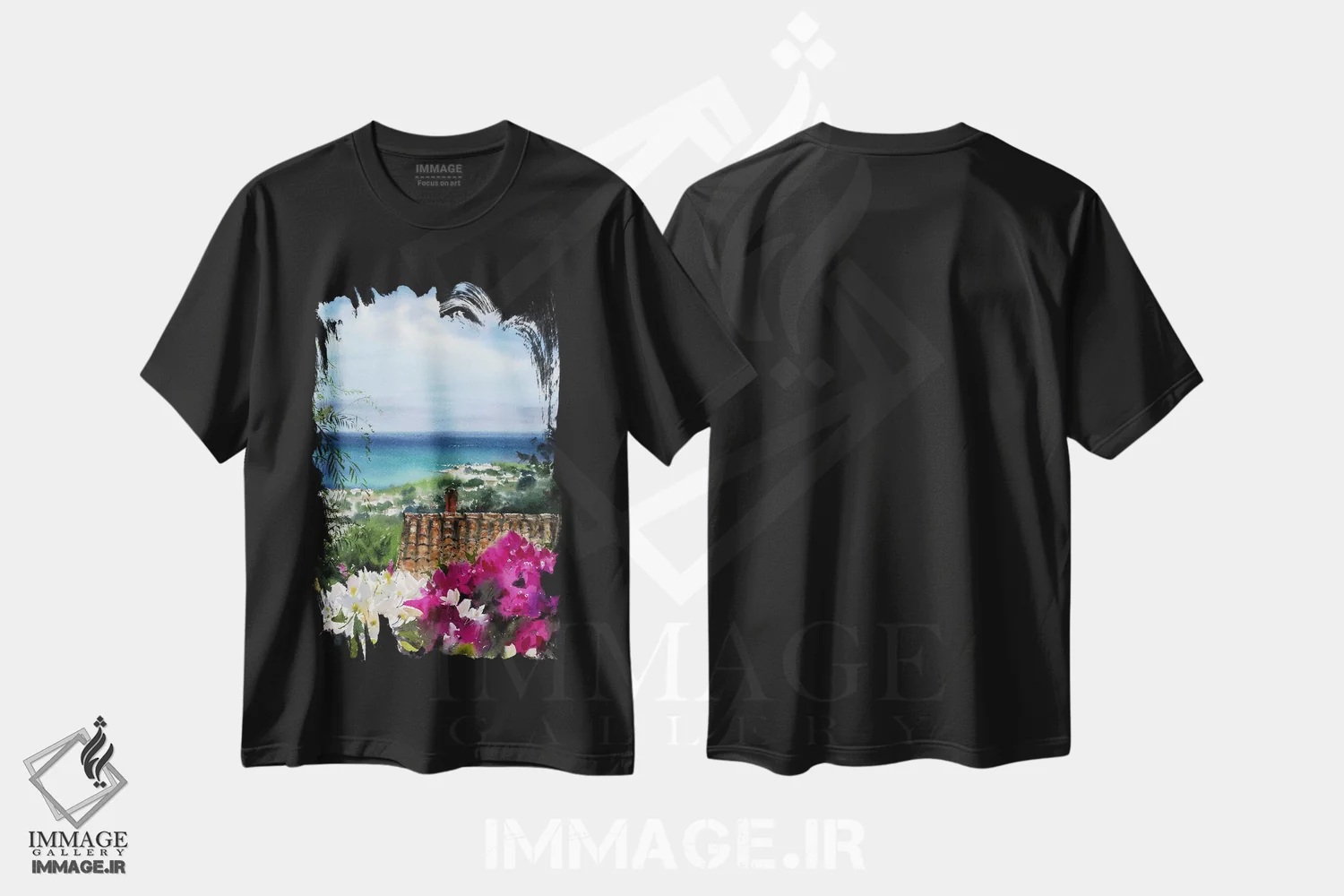 تیشرت مشکی طرح دار دهکده یونانی III، هنر فاخر معاصر اثر هوم لایک آرت | immage.ir