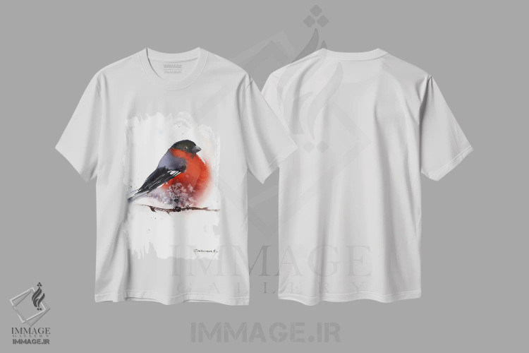 تیشرت سفید طرح دار پرنده سهره سرخی، هنر فاخر معاصر اثر هوم لایک آرت | immage.ir