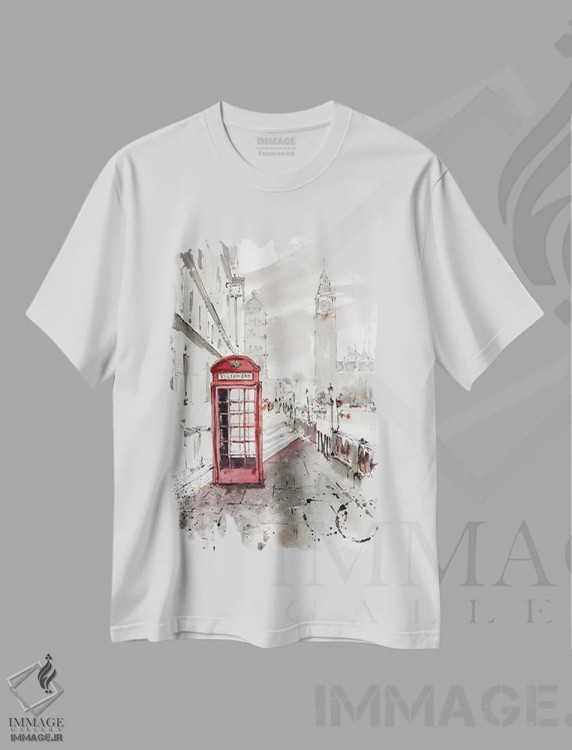 تیشرت سفید طرح دار London,کابین تلفن قرمز، لندن، هنر فاخر معاصر اثر هوم لایک آرت | immage.ir