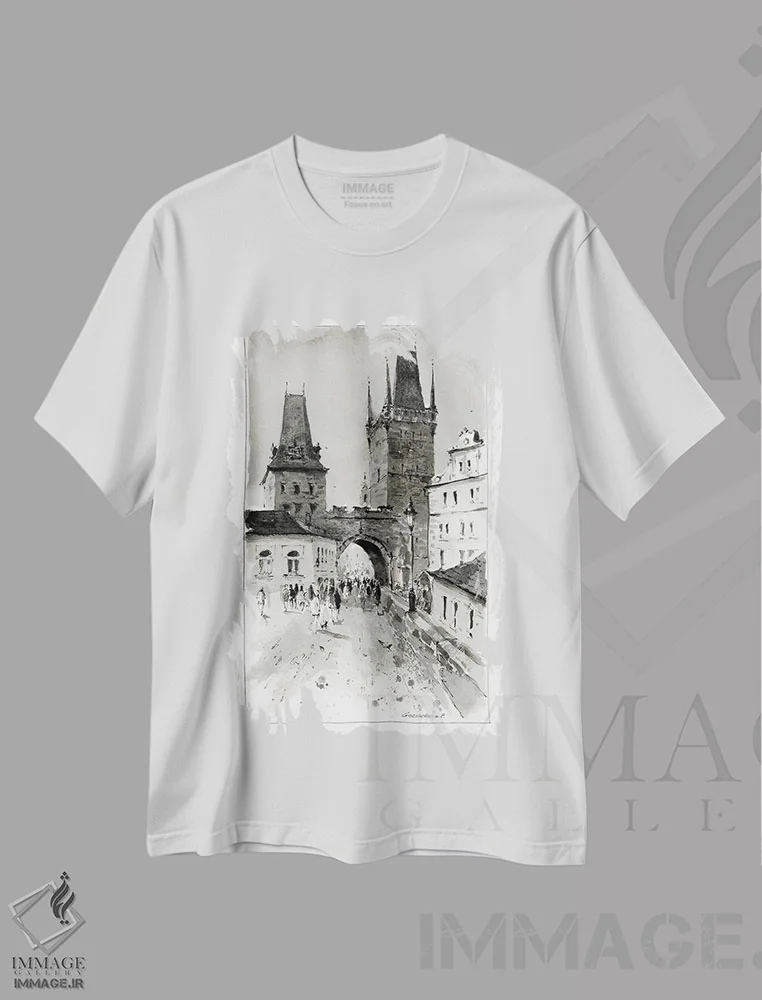 تیشرت سفید طرح دار پراگ تک رنگ، هنر تزئینی سیاه و سفید اثر هوم لایک آرت | فروشگاه ایماژ
