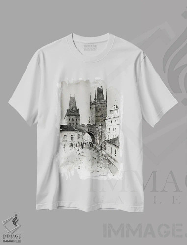 تیشرت سفید طرح دار پراگ تک رنگ، هنر تزئینی سیاه و سفید اثر هوم لایک آرت | فروشگاه ایماژ