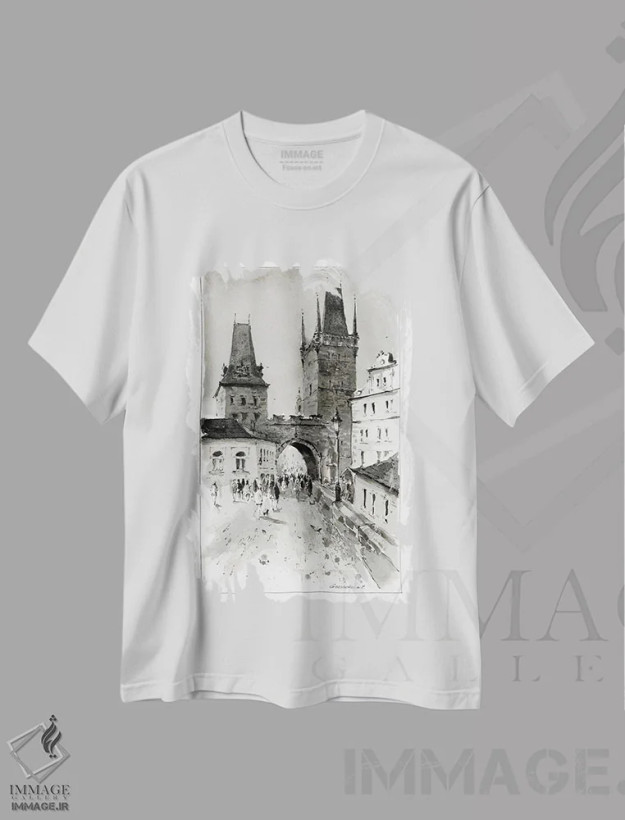 تیشرت سفید طرح دار پراگ تک رنگ، هنر تزئینی سیاه و سفید اثر هوم لایک آرت | فروشگاه ایماژ