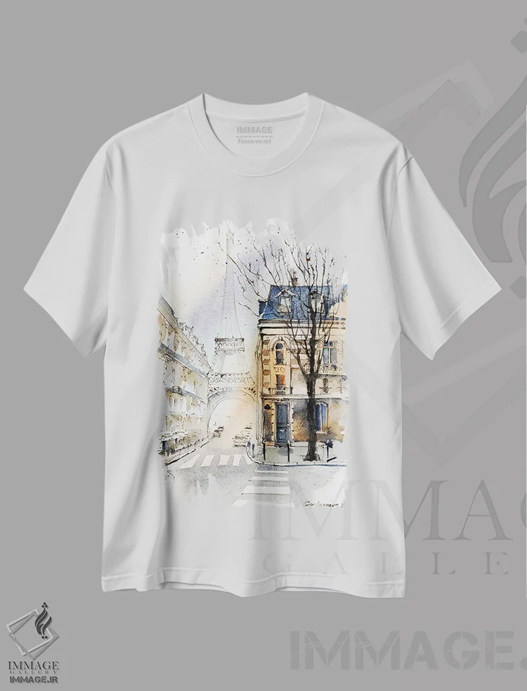 تیشرت سفید طرح دار خیابان پاریس، هنر فاخر معاصر اثر هوم لایک آرت | immage.ir