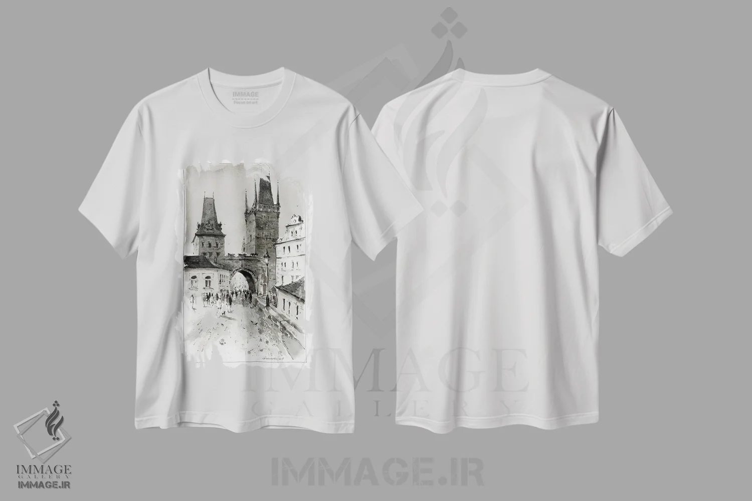 تیشرت سفید طرح دار پراگ تک رنگ، هنر تزئینی سیاه و سفید اثر هوم لایک آرت | فروشگاه ایماژ