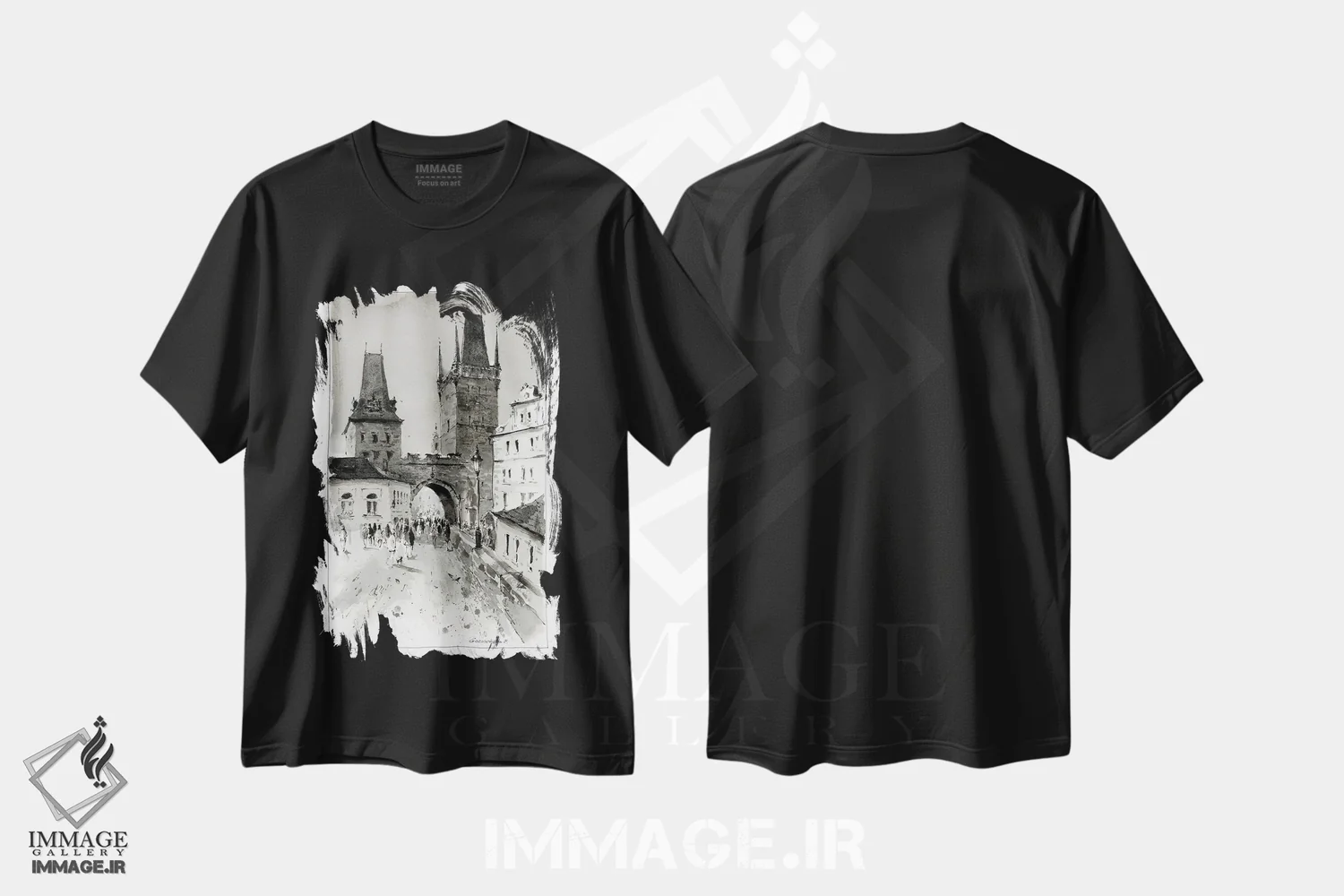 تیشرت مشکی طرح دار پراگ تک رنگ، هنر تزئینی سیاه و سفید اثر هوم لایک آرت | immage.ir