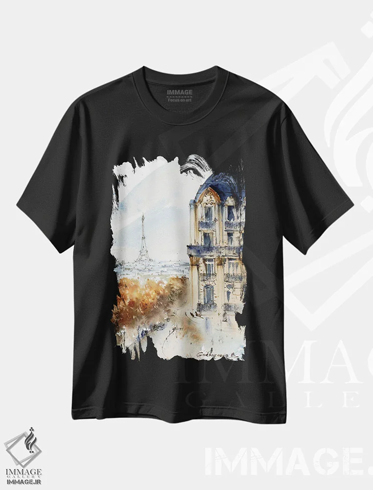 تیشرت مشکی طرح دار پاییز پاریس، هنر فاخر معاصر اثر هوم لایک آرت | immage.ir