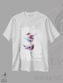 تیشرت سفید طرح دار پرندگان صورتی، هنر فاخر معاصر اثر هوم لایک آرت | immage.ir