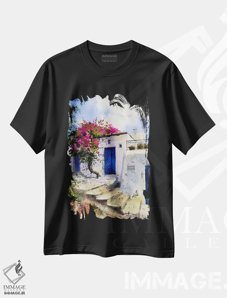 تیشرت مشکی طرح دار شهر مدیترانه ای، هنر فاخر معاصر اثر هوم لایک آرت | فروشگاه ایماژ