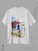 تیشرت سفید طرح دار شهر مدیترانه ای، هنر فاخر معاصر اثر هوم لایک آرت | immage.ir