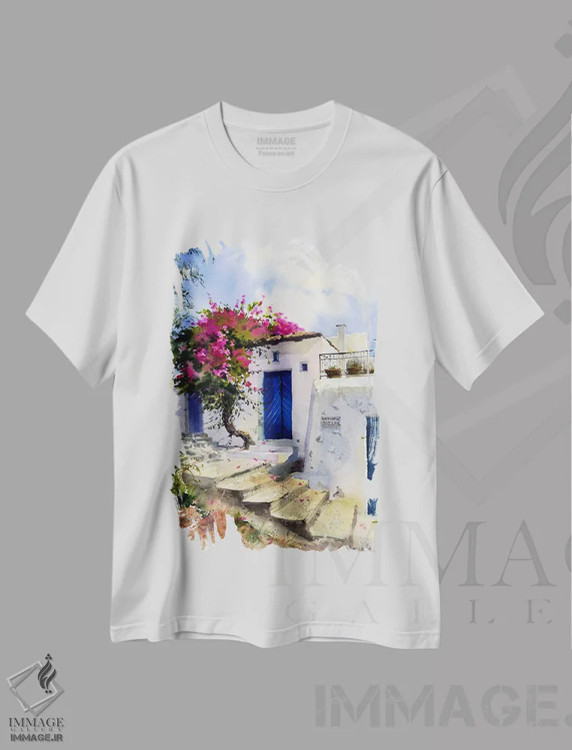 تیشرت سفید طرح دار شهر مدیترانه ای، هنر فاخر معاصر اثر هوم لایک آرت | immage.ir
