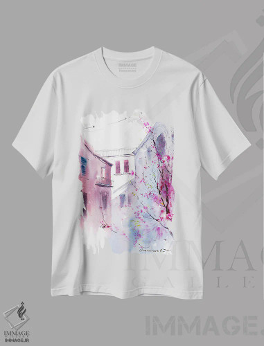 تیشرت سفید طرح دار حیاط ایتالیایی، هنر فاخر معاصر اثر هوم لایک آرت | فروشگاه ایماژ