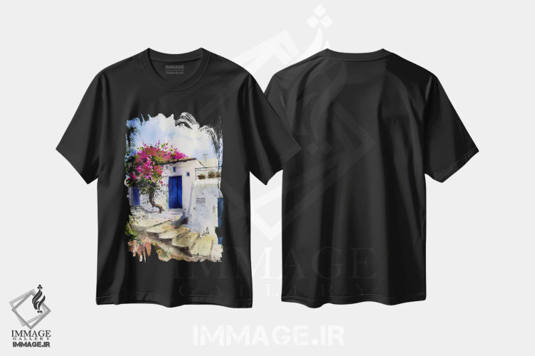 تیشرت مشکی طرح دار شهر مدیترانه ای، هنر فاخر معاصر اثر هوم لایک آرت | فروشگاه ایماژ
