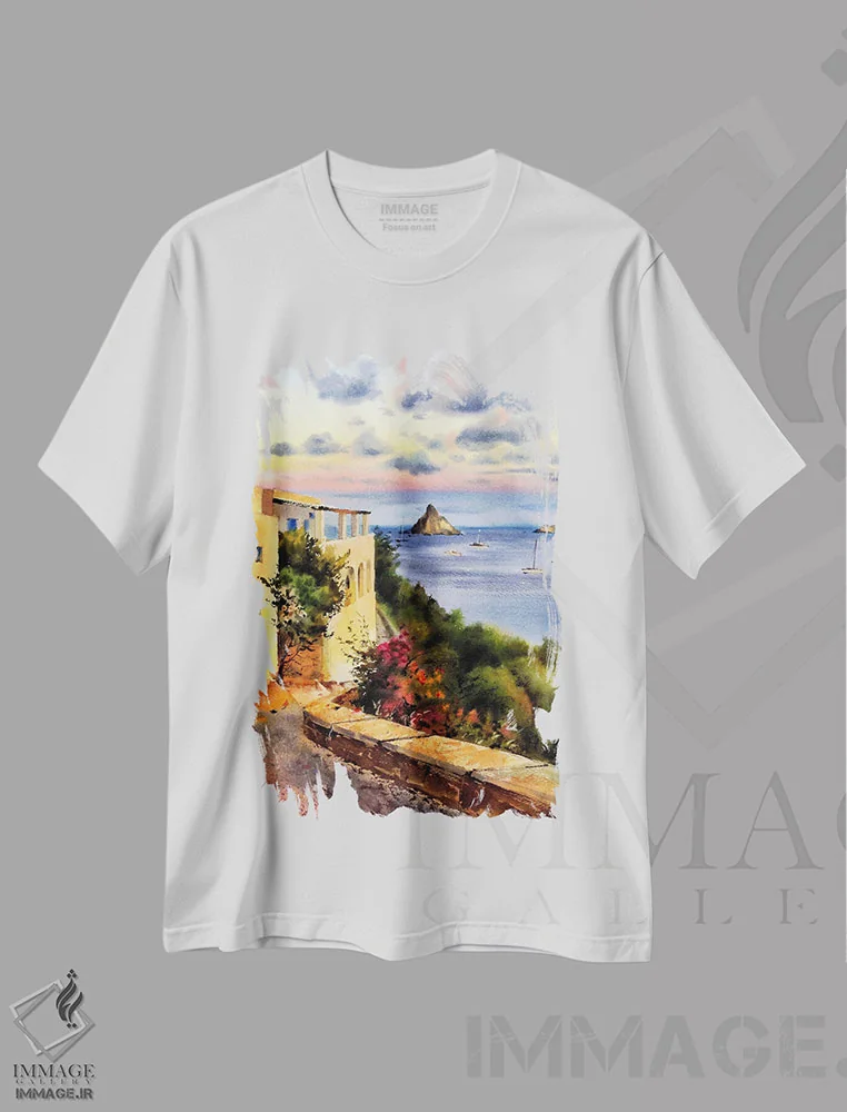 تیشرت سفید طرح دار Italy,جزیره پانارئا، ایتالیا، هنر فاخر معاصر اثر هوم لایک آرت | فروشگاه ایماژ