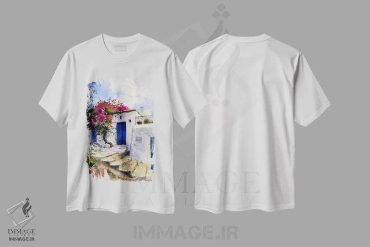 تیشرت سفید طرح دار شهر مدیترانه ای، هنر فاخر معاصر اثر هوم لایک آرت | immage.ir