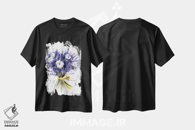 تیشرت مشکی طرح دار دسته گل اسطوخودوس، هنر فاخر معاصر اثر هوم لایک آرت | فروشگاه ایماژ