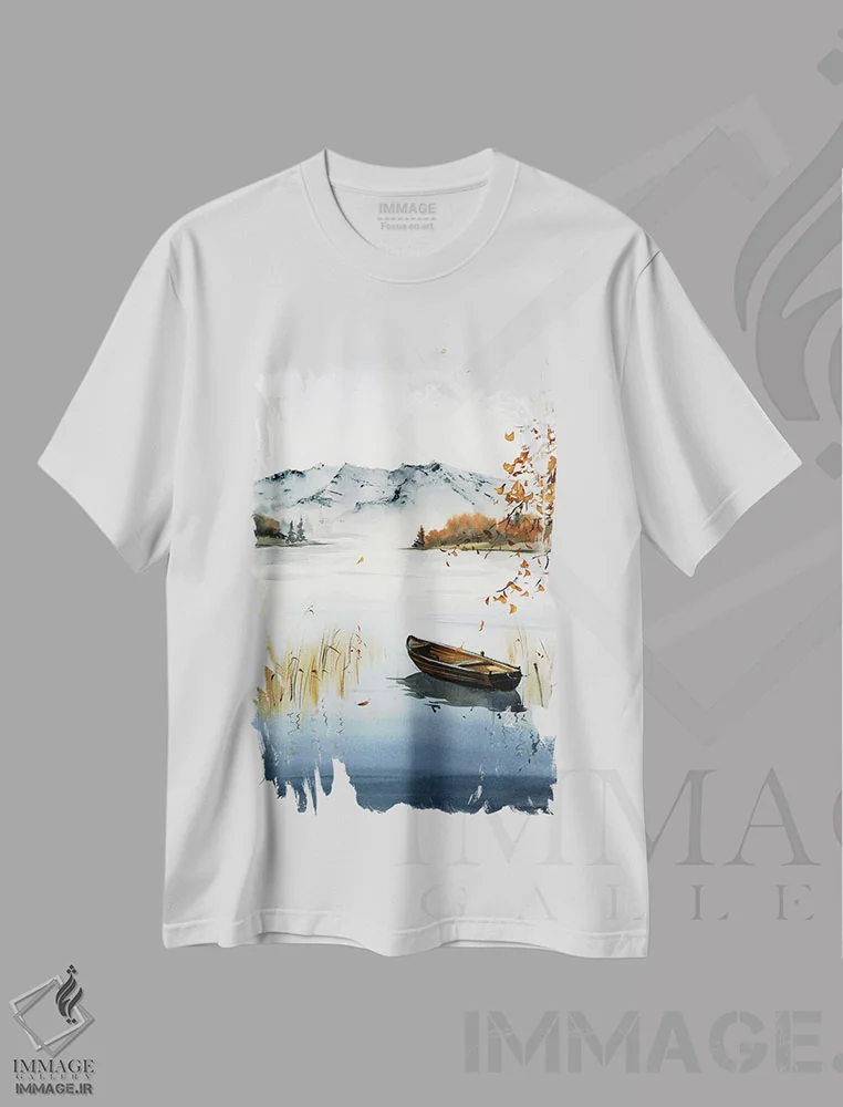 تیشرت سفید طرح دار قایق روی دریاچه، منظره پاییزی I، هنر فاخر معاصر اثر هوم لایک آرت | فروشگاه ایماژ