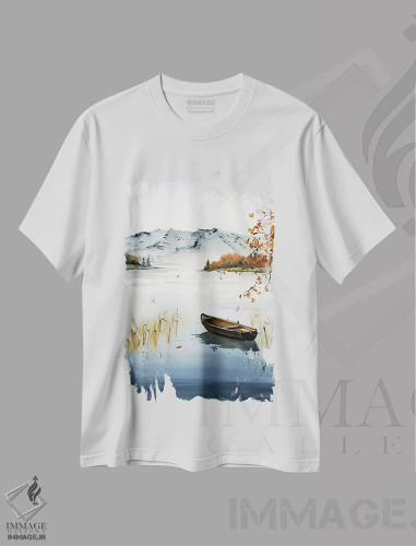 تیشرت سفید طرح دار قایق روی دریاچه، منظره پاییزی I، هنر فاخر معاصر اثر هوم لایک آرت | فروشگاه ایماژ
