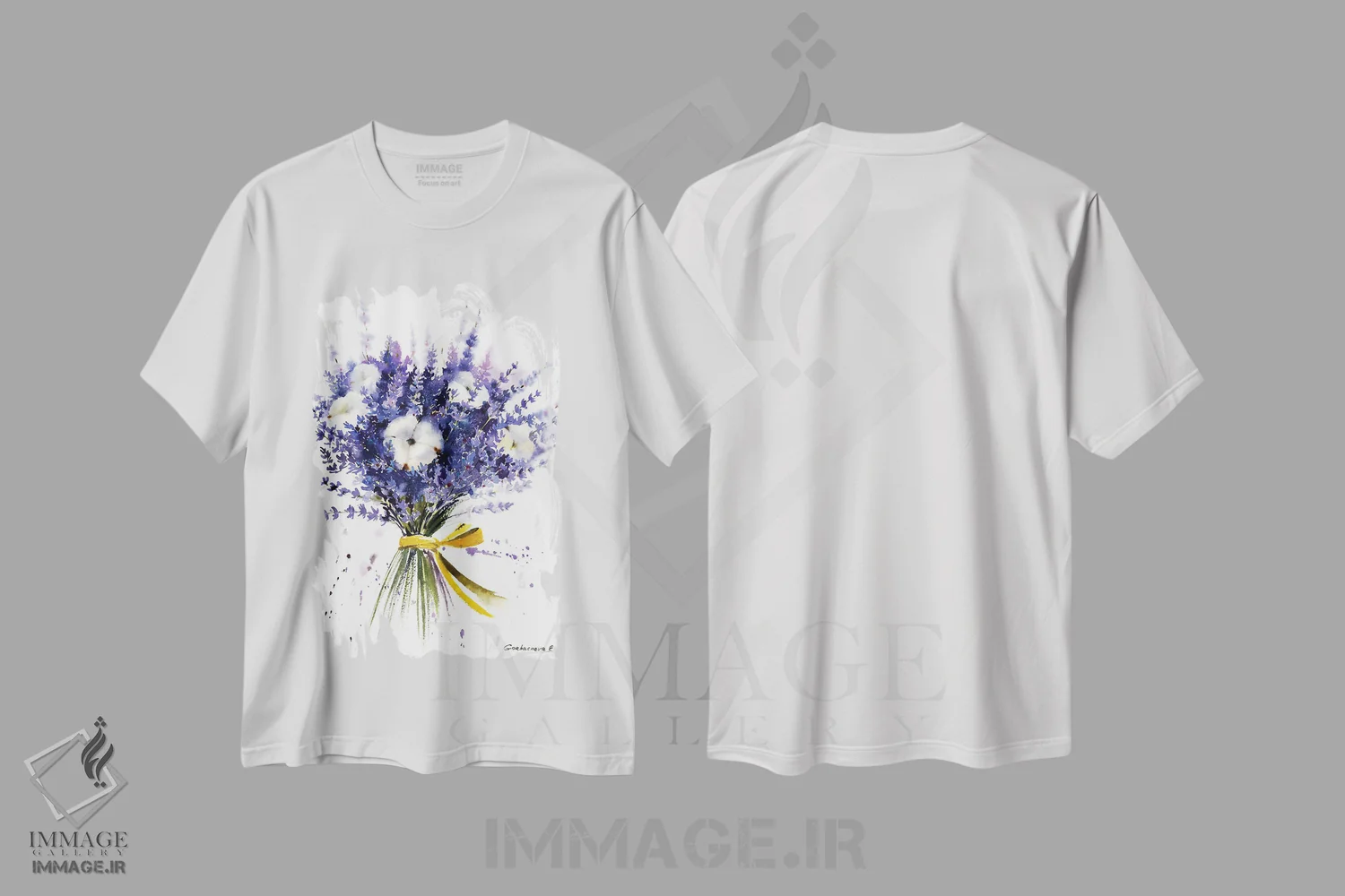 تیشرت سفید طرح دار دسته گل اسطوخودوس، هنر فاخر معاصر اثر هوم لایک آرت | immage.ir