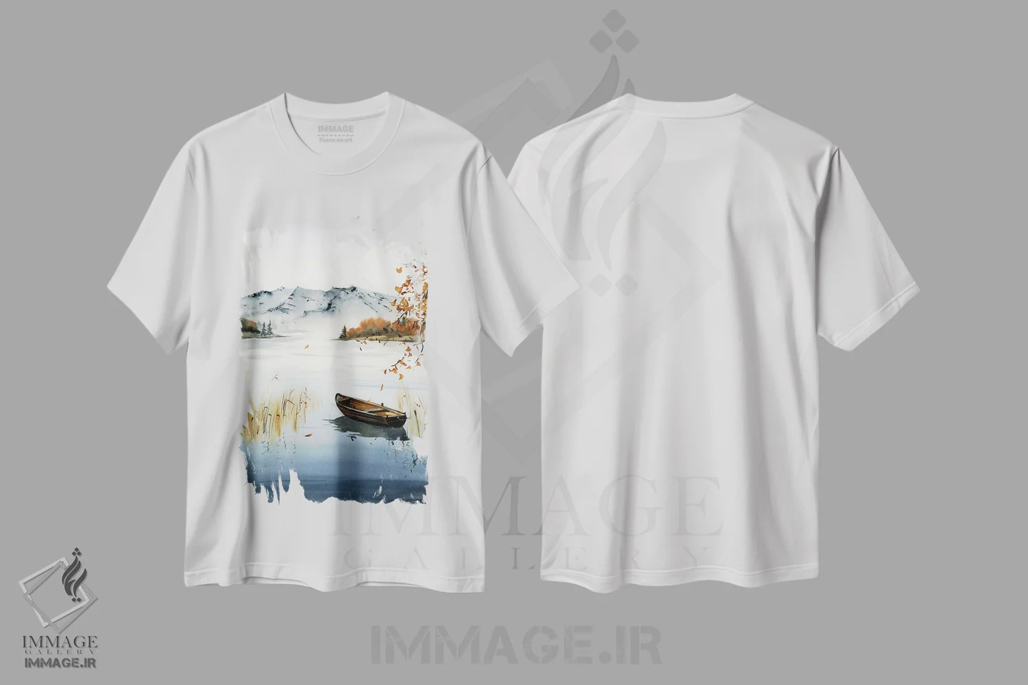 تیشرت سفید طرح دار قایق روی دریاچه، منظره پاییزی I، هنر فاخر معاصر اثر هوم لایک آرت | فروشگاه ایماژ