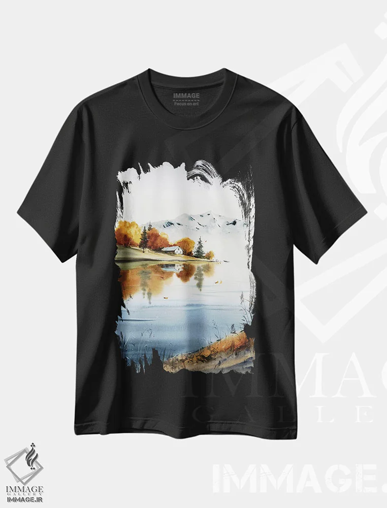 تیشرت مشکی طرح دار خانه کنار دریاچه، هنر فاخر معاصر اثر هوم لایک آرت | immage.ir
