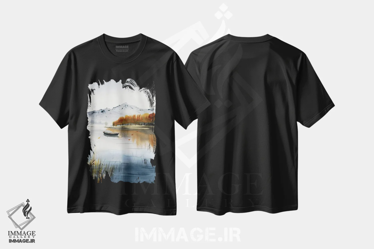 تیشرت مشکی طرح دار قایق روی دریاچه، منظره پاییزی II، هنر فاخر معاصر اثر هوم لایک آرت | فروشگاه ایماژ