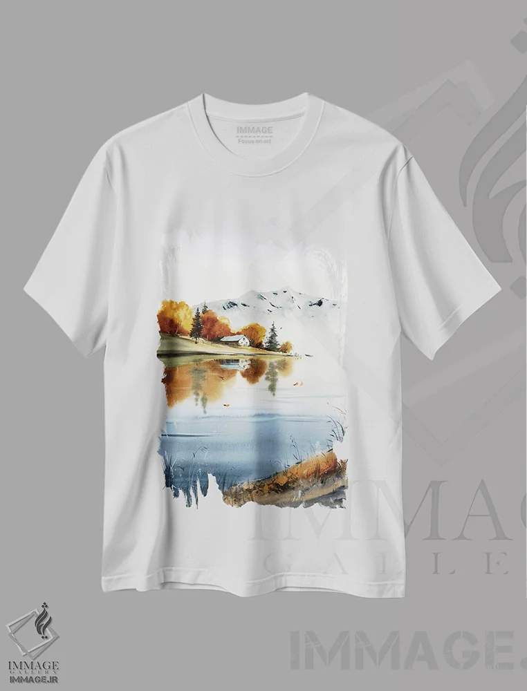 تیشرت سفید طرح دار خانه کنار دریاچه، هنر فاخر معاصر اثر هوم لایک آرت | فروشگاه ایماژ