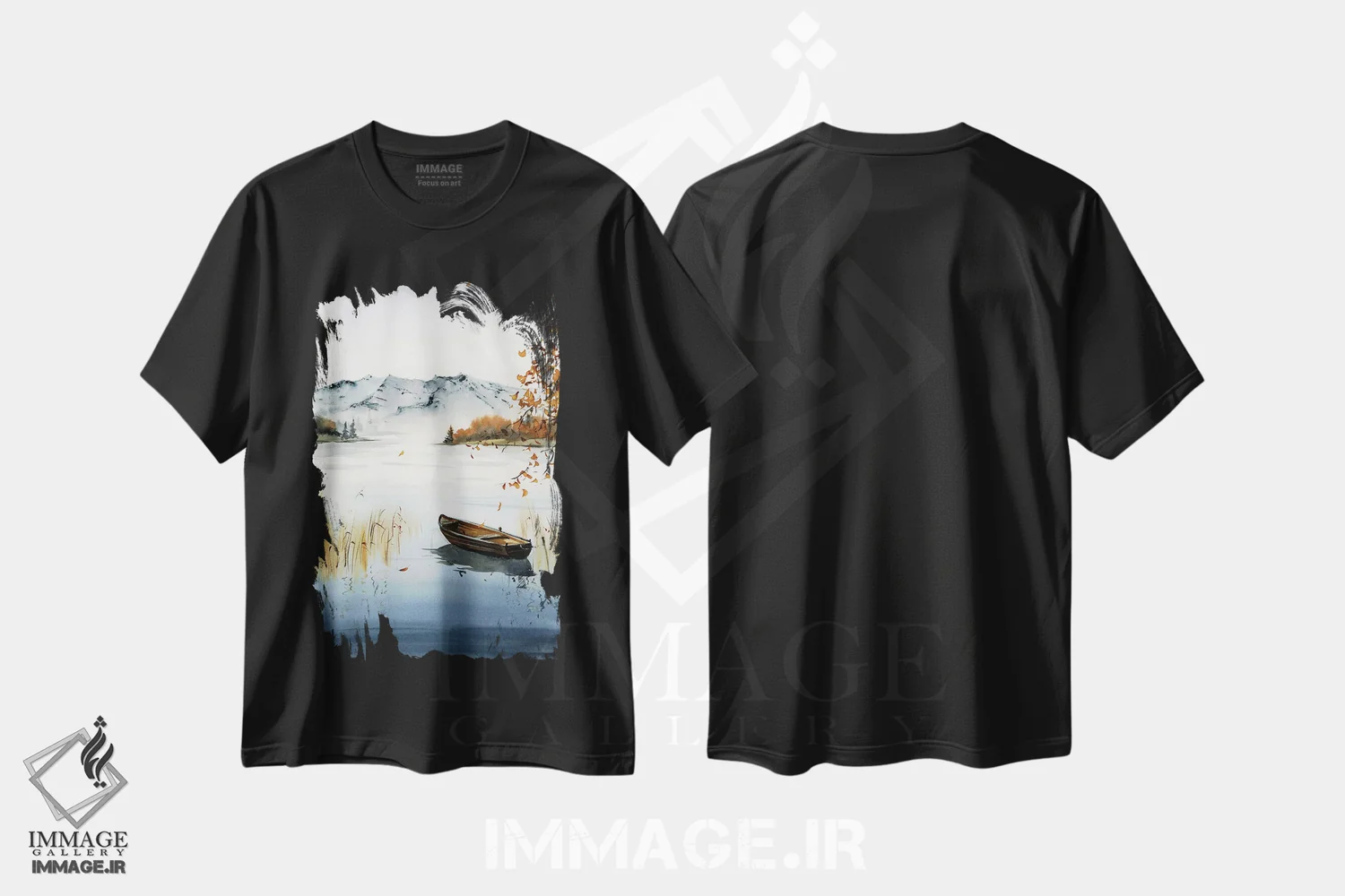 تیشرت مشکی طرح دار قایق روی دریاچه، منظره پاییزی I، هنر فاخر معاصر اثر هوم لایک آرت | immage.ir