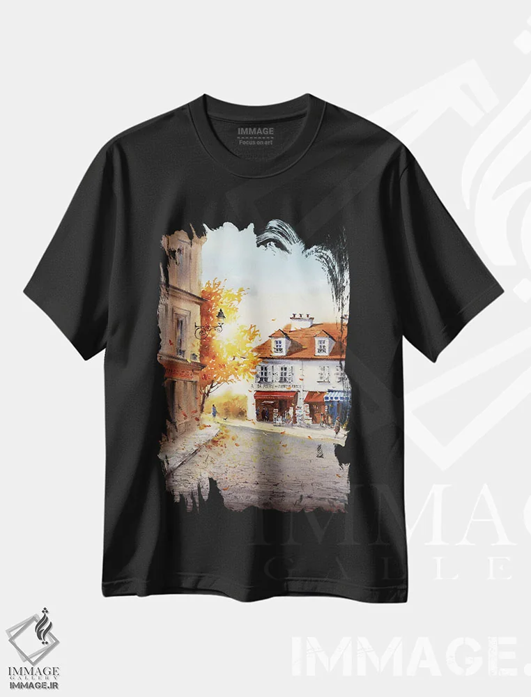 تیشرت مشکی طرح دار Paris,پاییز در مون مارتر پاریس، هنر فاخر معاصر اثر هوم لایک آرت | فروشگاه ایماژ