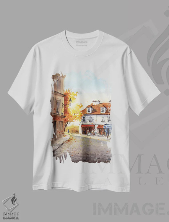 تیشرت سفید طرح دار Paris,پاییز در مون مارتر پاریس، هنر فاخر معاصر اثر هوم لایک آرت | immage.ir
