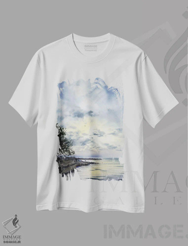 تیشرت سفید طرح دار درخت در ساحل، دکور ساحلی اثر هوم لایک آرت | فروشگاه ایماژ