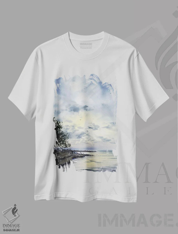 تیشرت سفید طرح دار درخت در ساحل، دکور ساحلی اثر هوم لایک آرت | فروشگاه ایماژ