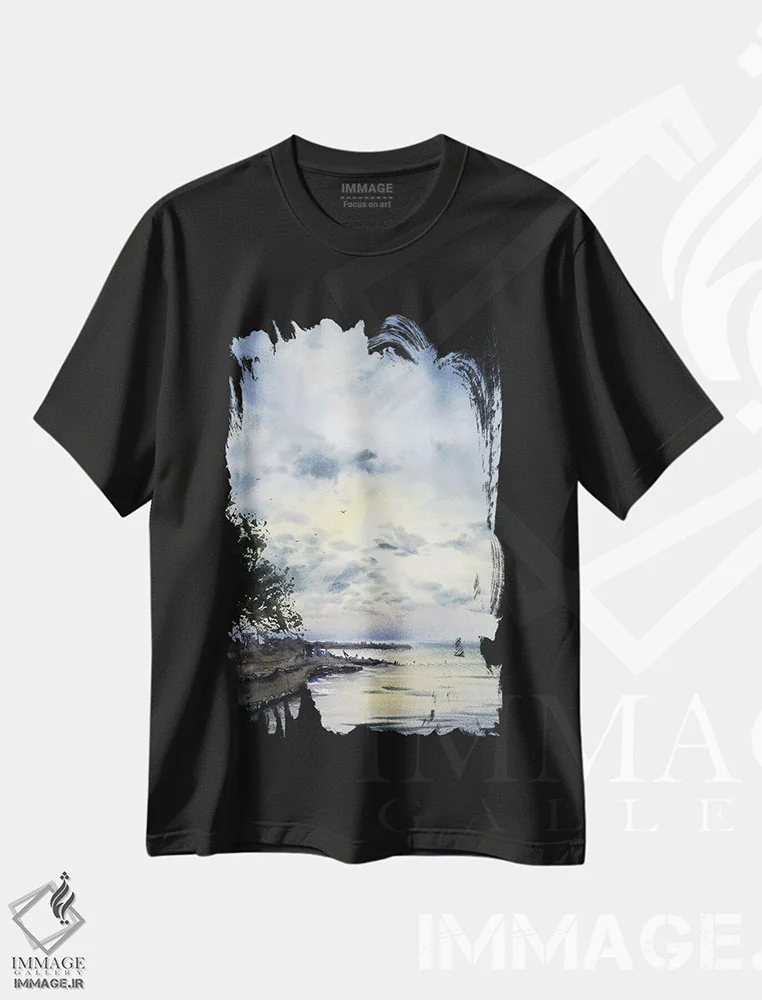 تیشرت مشکی طرح دار درخت در ساحل، دکور ساحلی اثر هوم لایک آرت | immage.ir