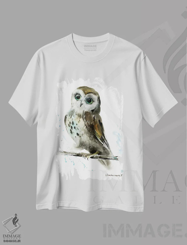 تیشرت سفید طرح دار جغد II، هنر فاخر معاصر اثر هوم لایک آرت | فروشگاه ایماژ