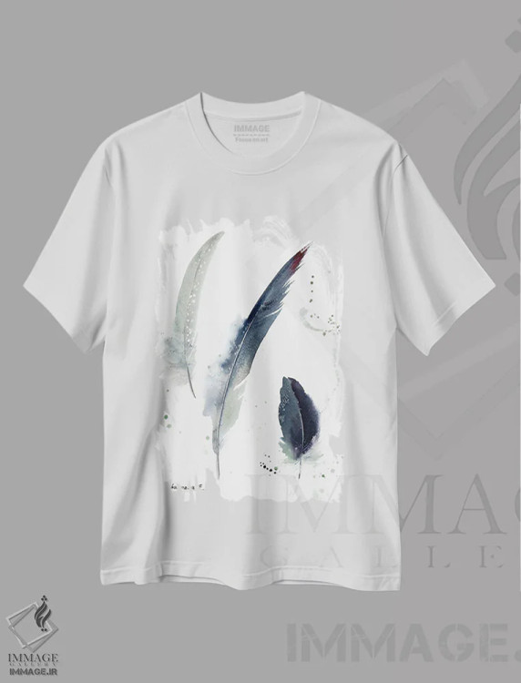 تیشرت سفید طرح دار پرهای درنای تاج خاکستری، هنر فاخر معاصر اثر هوم لایک آرت | immage.ir
