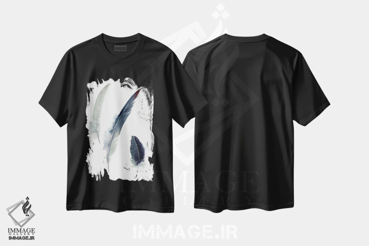 تیشرت مشکی طرح دار پرهای درنای تاج خاکستری، هنر فاخر معاصر اثر هوم لایک آرت | فروشگاه ایماژ