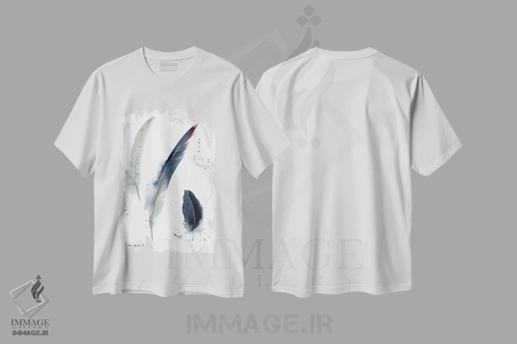 تیشرت سفید طرح دار پرهای درنای تاج خاکستری، هنر فاخر معاصر اثر هوم لایک آرت | immage.ir