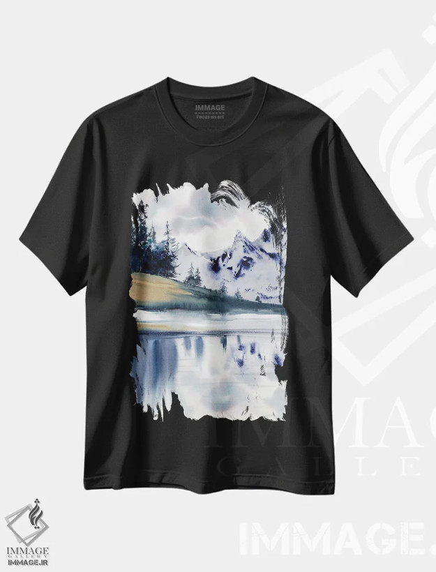 تیشرت مشکی طرح دار کوه های آبی III، هنر فاخر معاصر اثر هوم لایک آرت | فروشگاه ایماژ