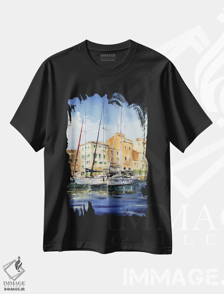 تیشرت مشکی طرح دار قایق های پهلوگرفته IV، هنر فاخر معاصر اثر هوم لایک آرت | immage.ir