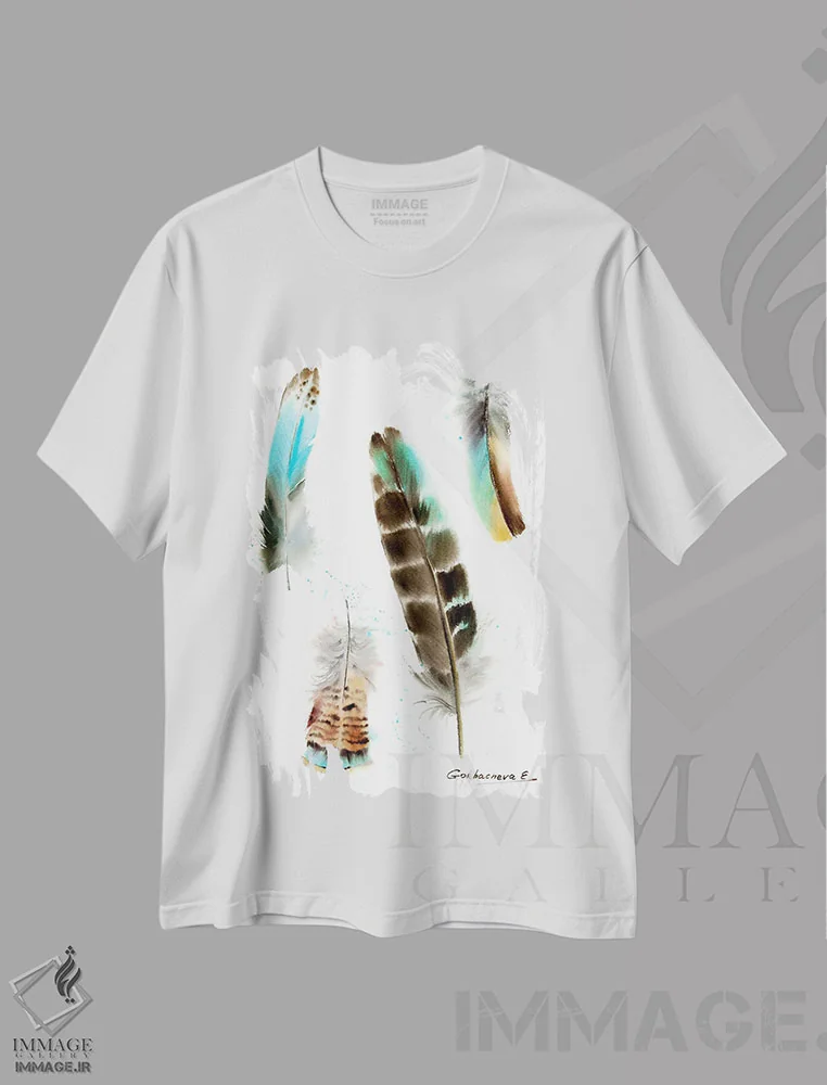 تیشرت سفید طرح دار چهار پر، هنر فاخر معاصر اثر هوم لایک آرت | immage.ir