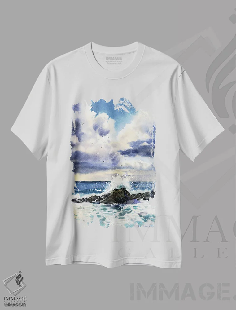 تیشرت سفید طرح دار امواج و صخره ها II، دکور ساحلی اثر هوم لایک آرت | فروشگاه ایماژ