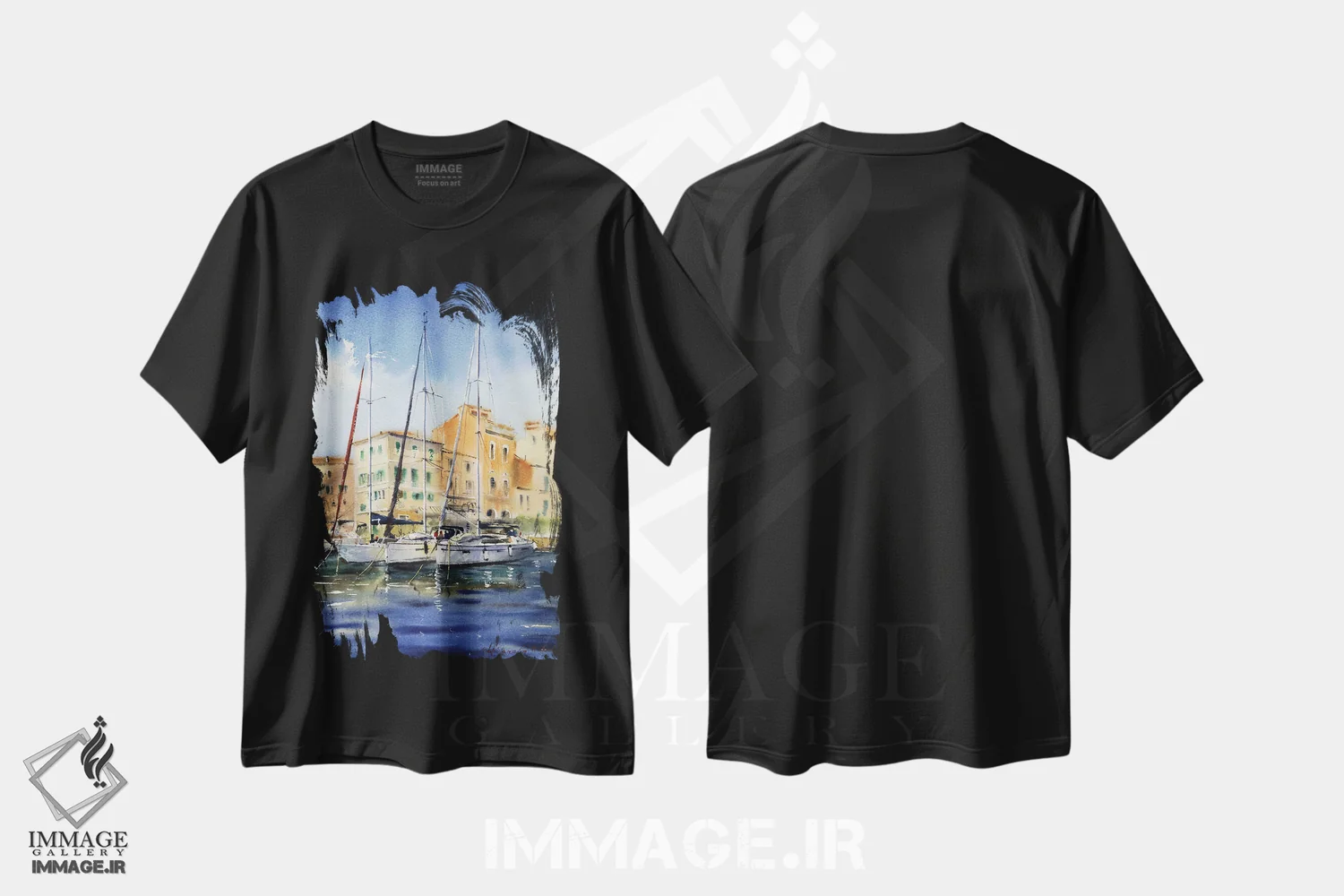 تیشرت مشکی طرح دار قایق های پهلوگرفته IV، هنر فاخر معاصر اثر هوم لایک آرت | immage.ir