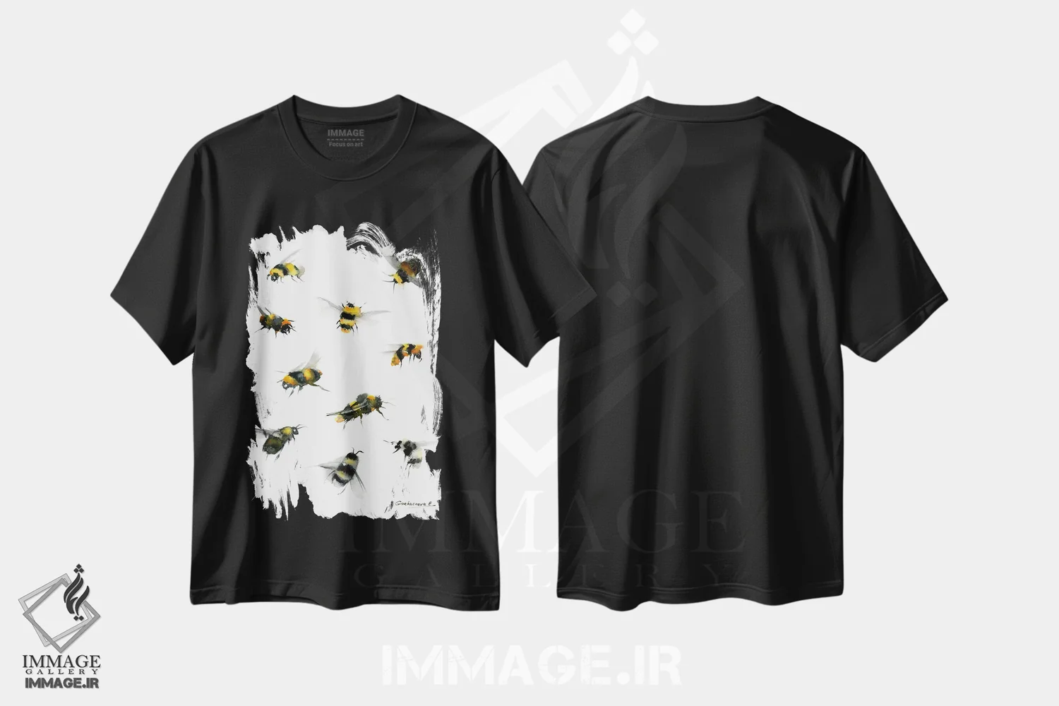 تیشرت مشکی طرح دار زنبورها، هنر فاخر معاصر اثر هوم لایک آرت | فروشگاه ایماژ