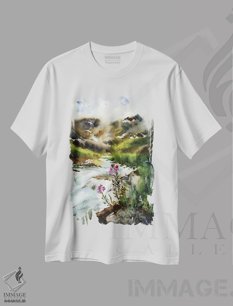 تیشرت سفید طرح دار رود کوهستانی، هنر فاخر معاصر اثر هوم لایک آرت | فروشگاه ایماژ