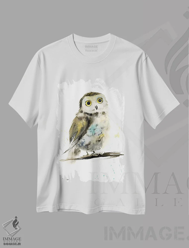 تیشرت سفید طرح دار جغد کوچک روی شاخه، هنر فاخر معاصر اثر هوم لایک آرت | immage.ir