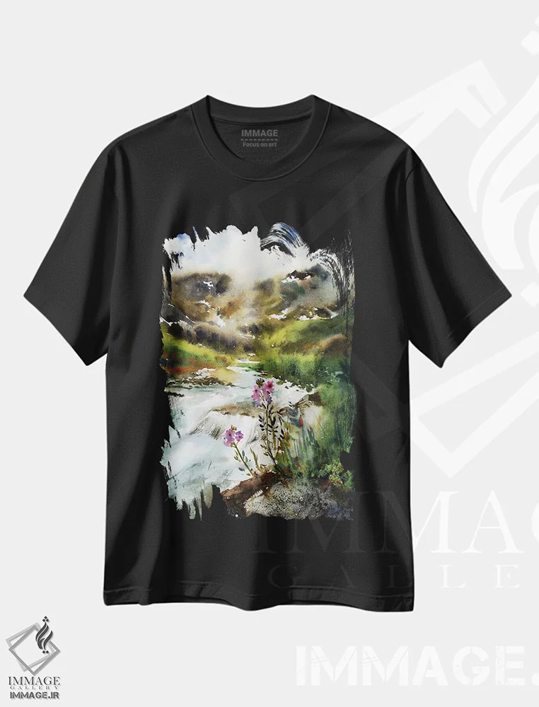 تیشرت مشکی طرح دار رود کوهستانی، هنر فاخر معاصر اثر هوم لایک آرت | immage.ir