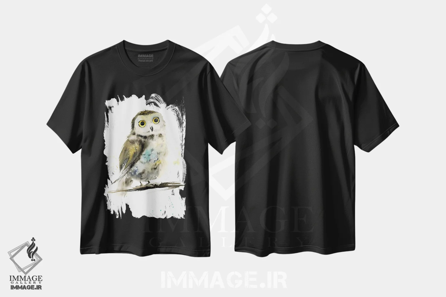 تیشرت مشکی طرح دار جغد کوچک روی شاخه، هنر فاخر معاصر اثر هوم لایک آرت | فروشگاه ایماژ